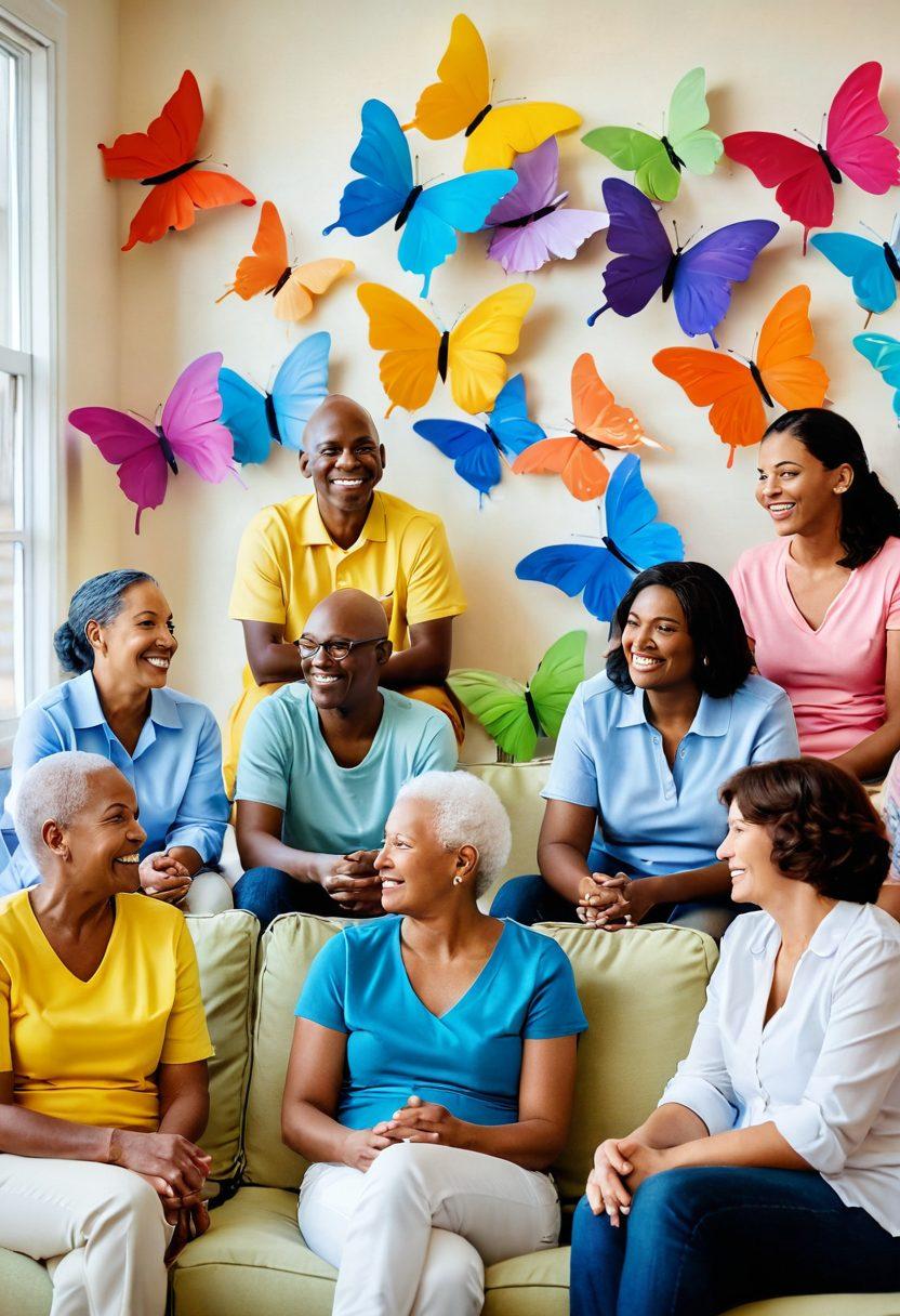 A hopeful scene depicting a diverse group of cancer survivors sharing their success stories in a bright, welcoming support group setting. Incorporate inspirational quotes on the walls, colorful cushions, and symbols of resilience like butterflies and blooming flowers. Capture their smiles and the warmth of community with soft, natural lighting. super-realistic. vibrant colors. uplifting atmosphere.
