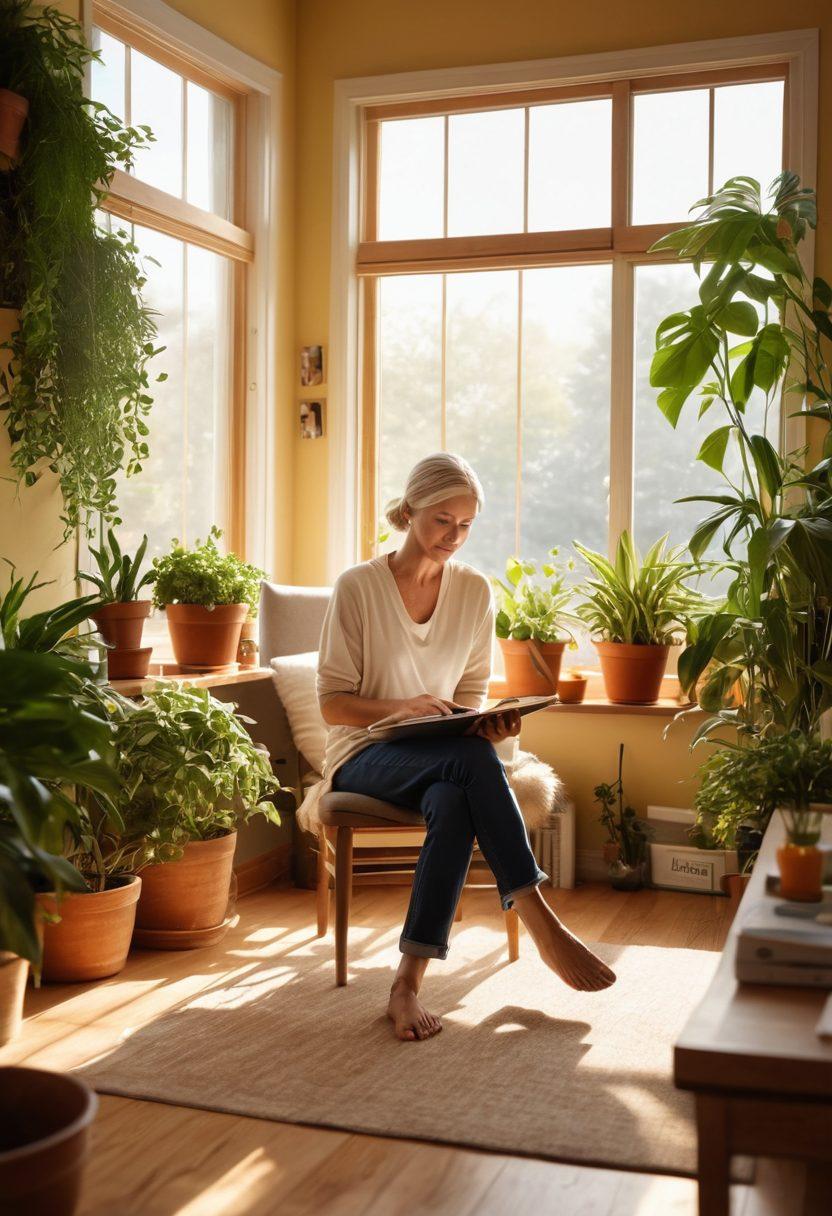 A serene and hopeful scene depicting a cancer patient sitting in a cozy, sunlit room filled with plants and books. The patient is engaging in a healthy lifestyle, preparing a nutritious meal while surrounded by supportive family members. Add elements like a calendar with important health tips, a laptop displaying online resources, and a warm, inviting atmosphere. super-realistic. vibrant colors. soft lighting.