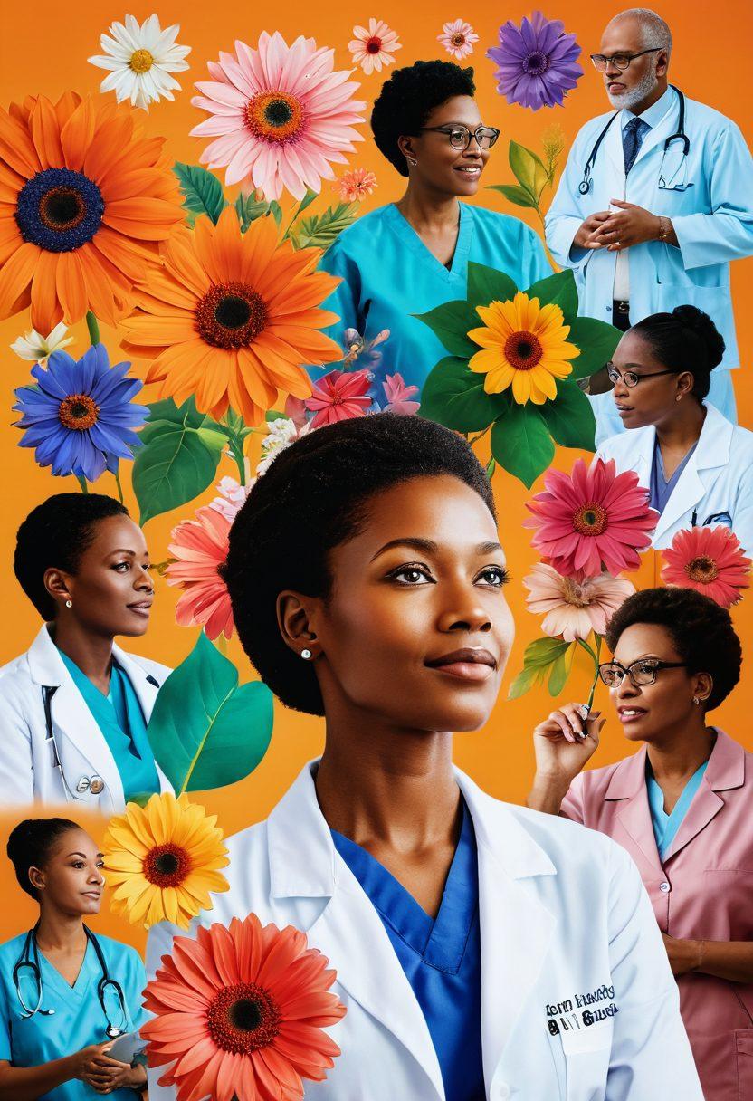 A vibrant collage depicting a diverse group of patients and oncologists engaged in a supportive discussion. Featuring symbolic elements like a blooming flower for hope, medical charts, and communication tools. The background is a blend of warm colors representing empowerment and healing. Include subtle imagery of healthy mind and body themes. super-realistic. vibrant colors. 3D.